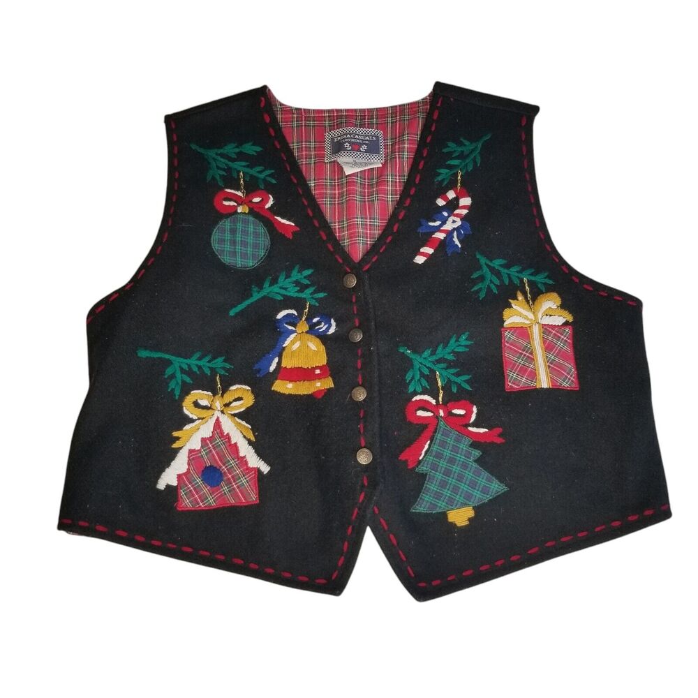 Vintage Erika Wool Felted Christmas Vest XL Hand Stitched Embroidery Holiday